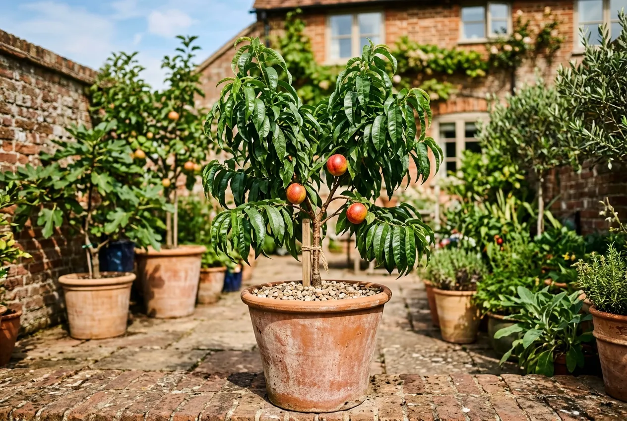 Young nectarine tree growing in a large terracotta pot on a sunny south-facing UK patio with ripening fruit
