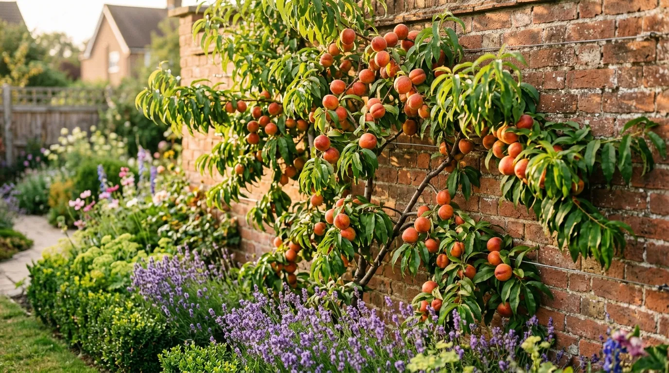 Nectarine tree fan-trained against a warm brick wall in a UK garden with ripe orange-red fruit