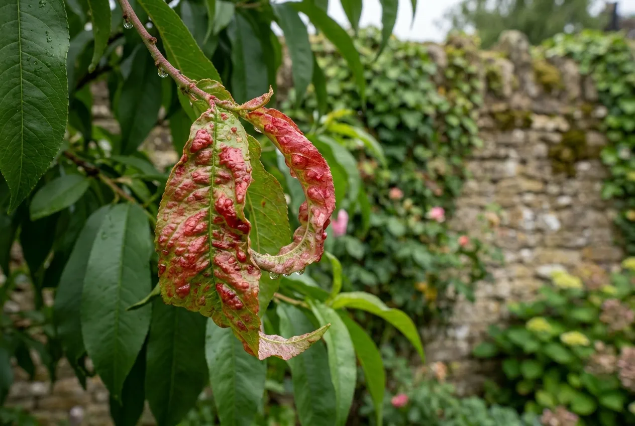 Peach leaf curl disease showing red blistered leaves on a nectarine tree with healthy foliage behind