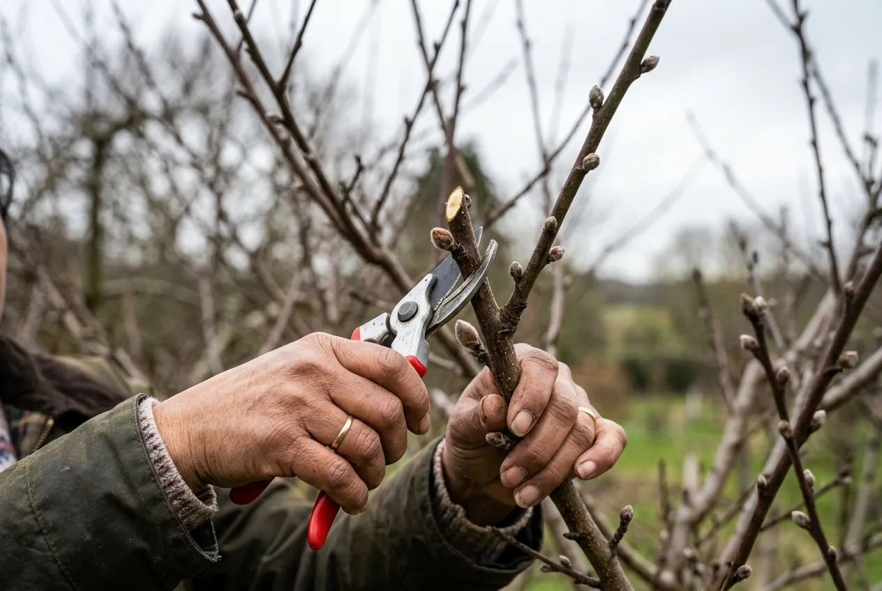Pruning a young nectarine tree in early spring showing clean bypass secateur cuts on dormant branches