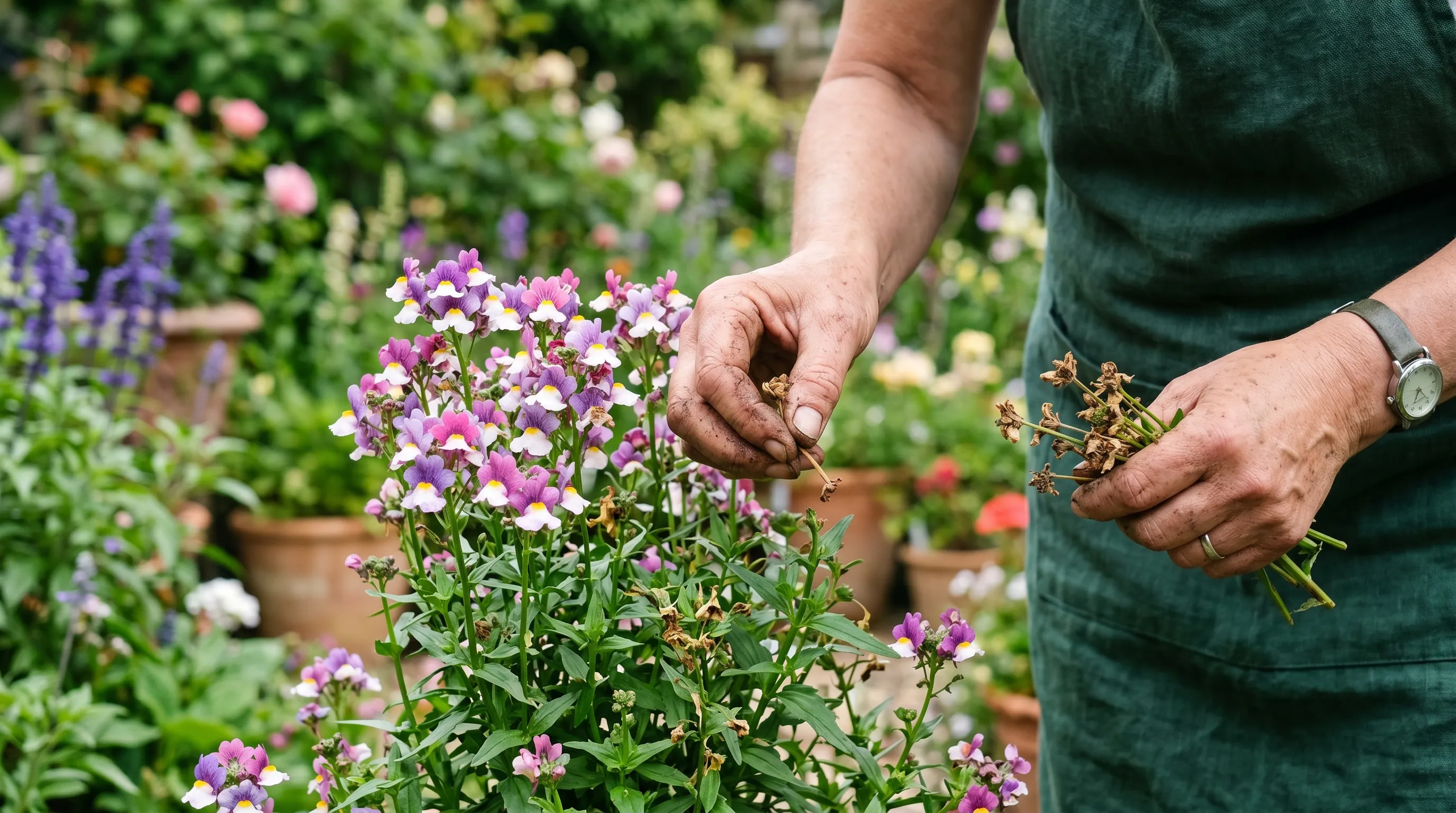 A diagnostic close-up of a UK gardener deadheading spent Nemesia flowers with fingers, pinching the spent stems at the base, with fresh flowers visible higher on the plant