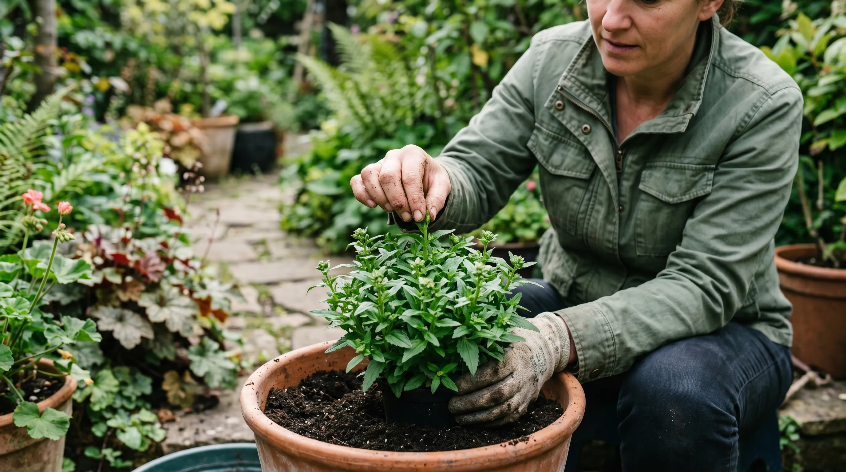 A UK gardener pinching out the growing tip of a young Nemesia plant at planting in a 30cm container, with the central shoot held between thumb and finger and the bushy mound visible below