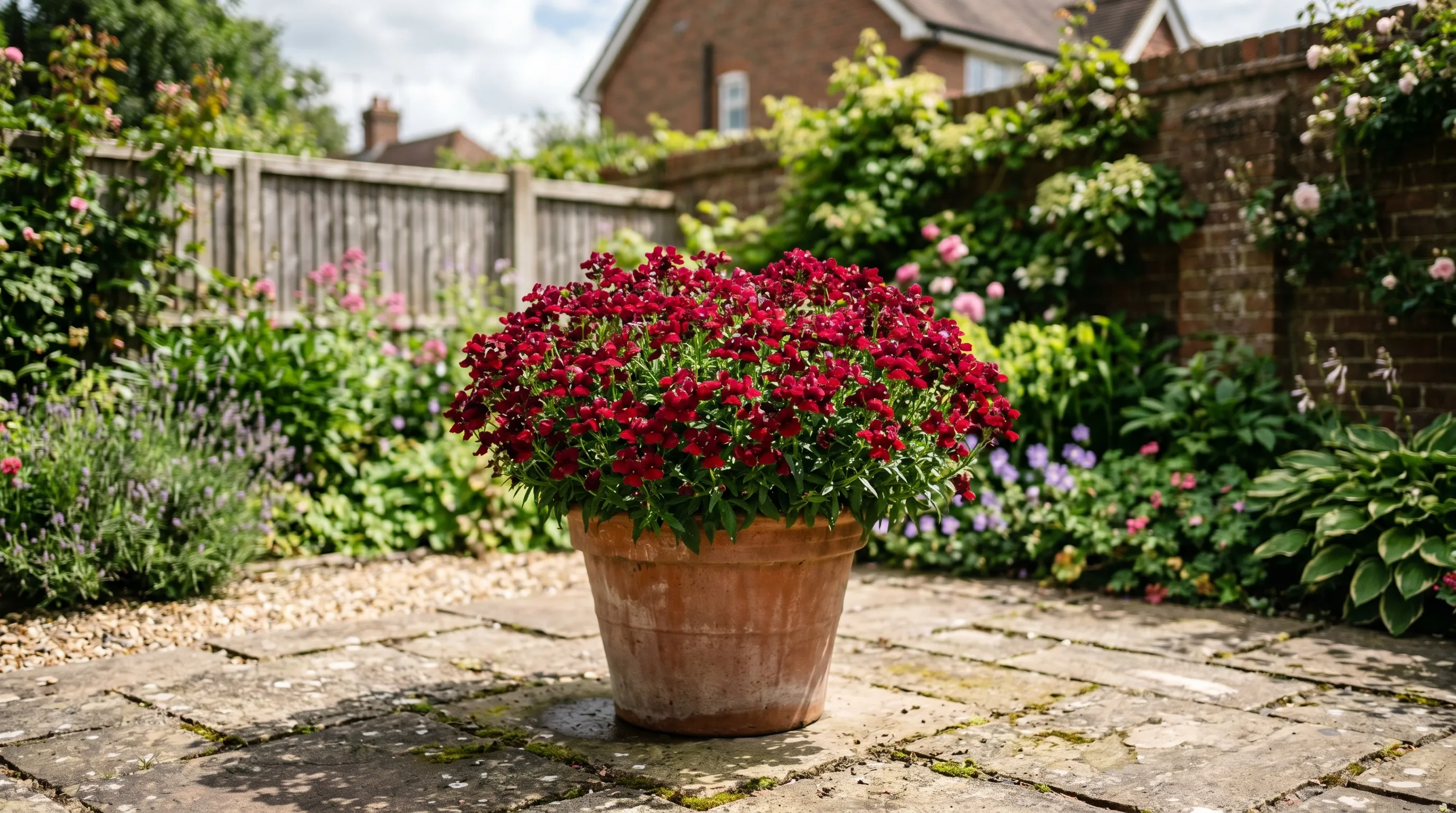 A UK back garden patio container filled with massed Sunsatia Cranberry Nemesia plants in full deep-red flower, the container sitting on a sunny stone patio surface in mid-July
