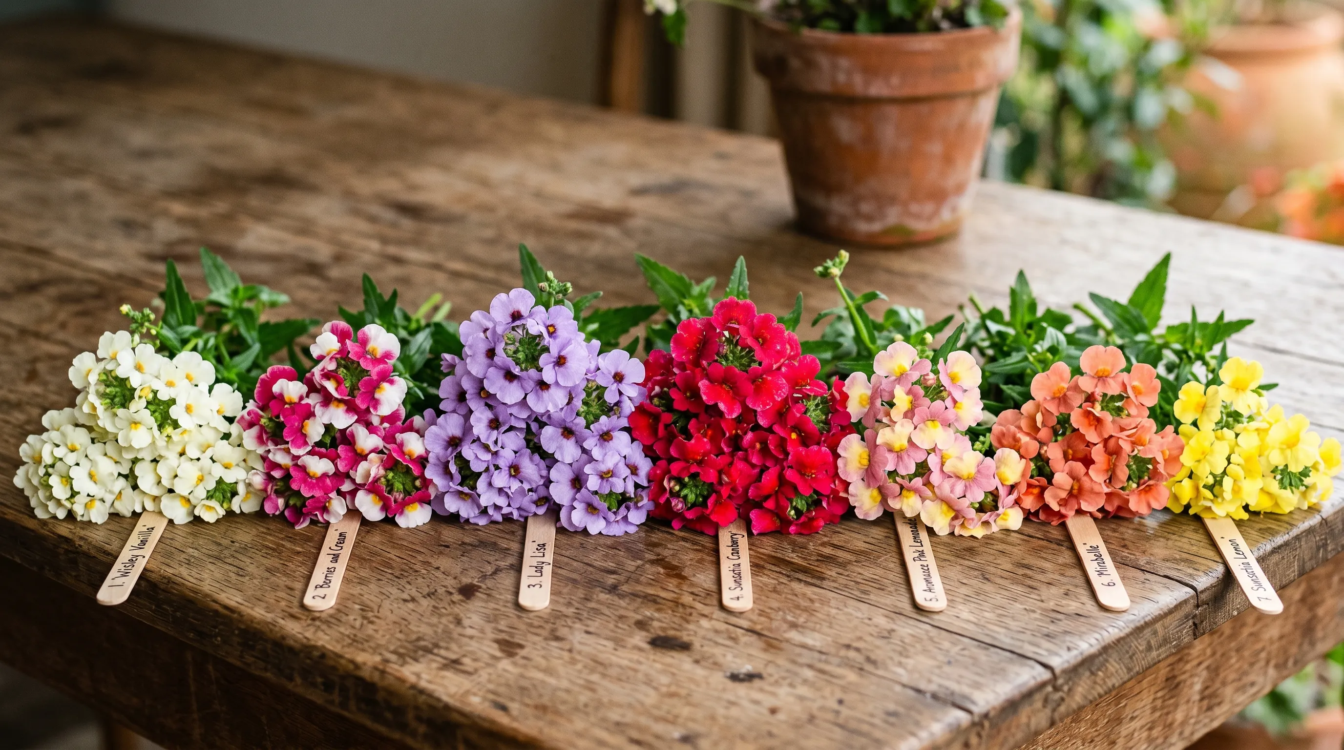 A close-up of seven Nemesia varieties in flower laid out on a wooden table for comparison: Wisley Vanilla white, Berries and Cream pink, Lady Lisa lavender, Sunsatia Cranberry red and Aromance Pink Lemonade