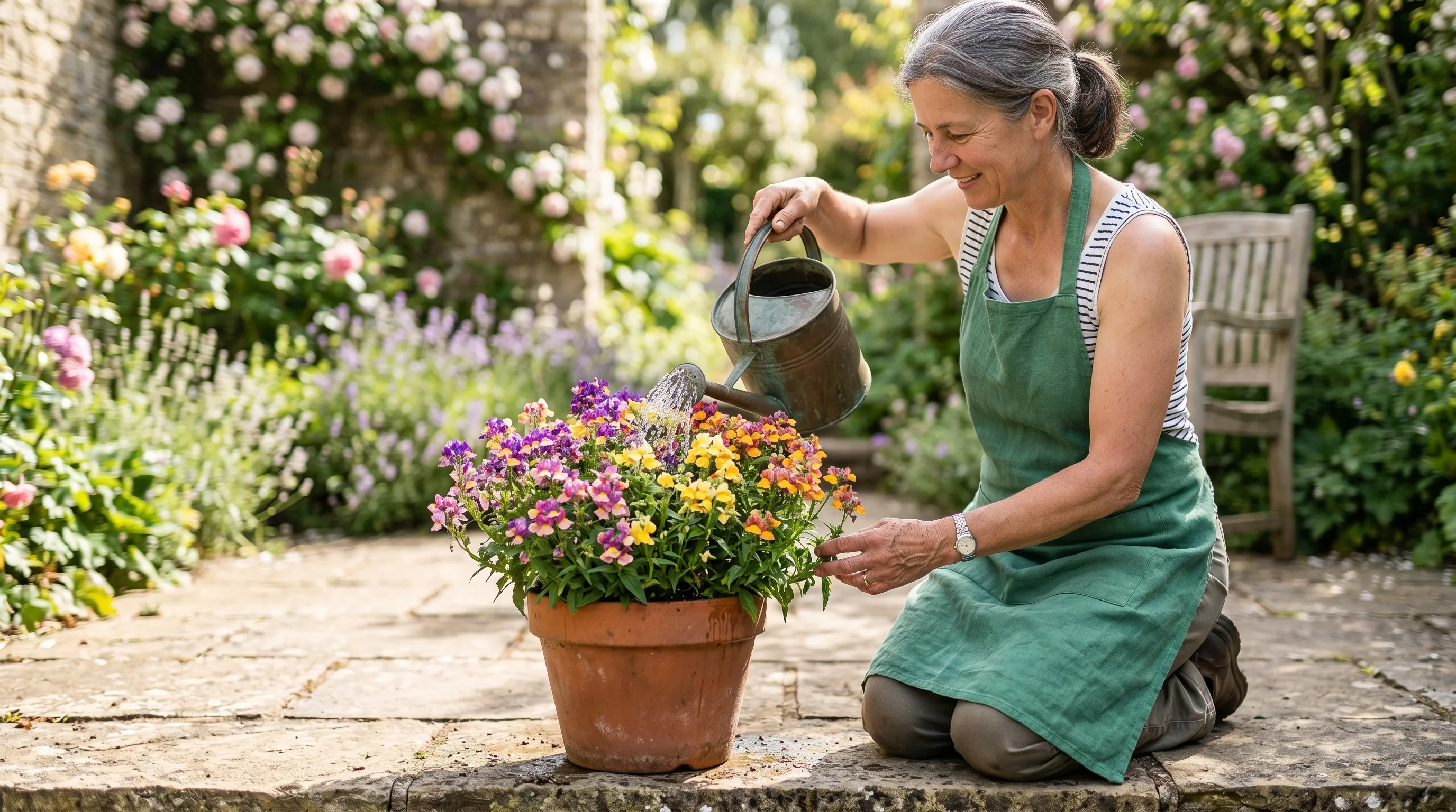 A UK gardener watering a 30cm container packed with five Nemesia plants in full flower on a sunny patio, with the watering can held above the soil rim