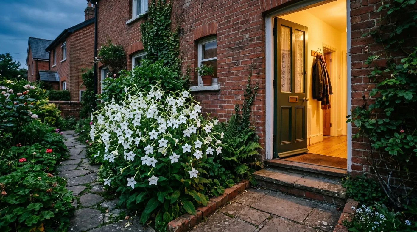 Scented white nicotiana planted beside an open back door of a UK terraced house at dusk