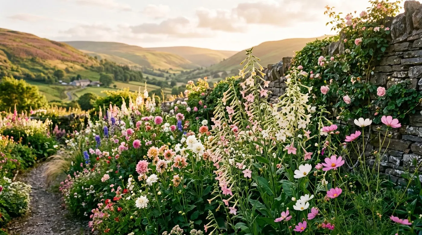 Summer evening mixed border in a Welsh valley garden with tall nicotiana among dahlias and cosmos