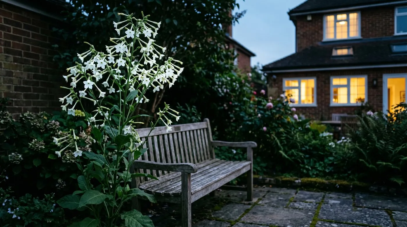 Tall white Nicotiana sylvestris glowing at dusk beside a bench on a suburban UK patio
