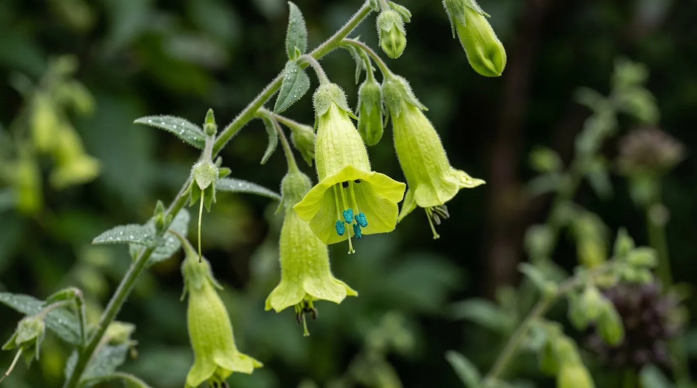 Macro close-up of lime-green Nicotiana langsdorffii bell flowers with blue pollen