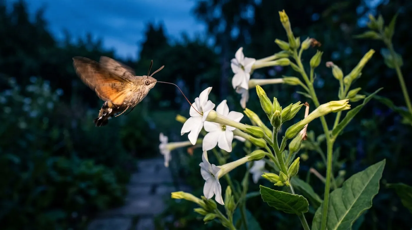 A hawk-moth feeding at a white nicotiana flower at dusk with wings blurred in motion