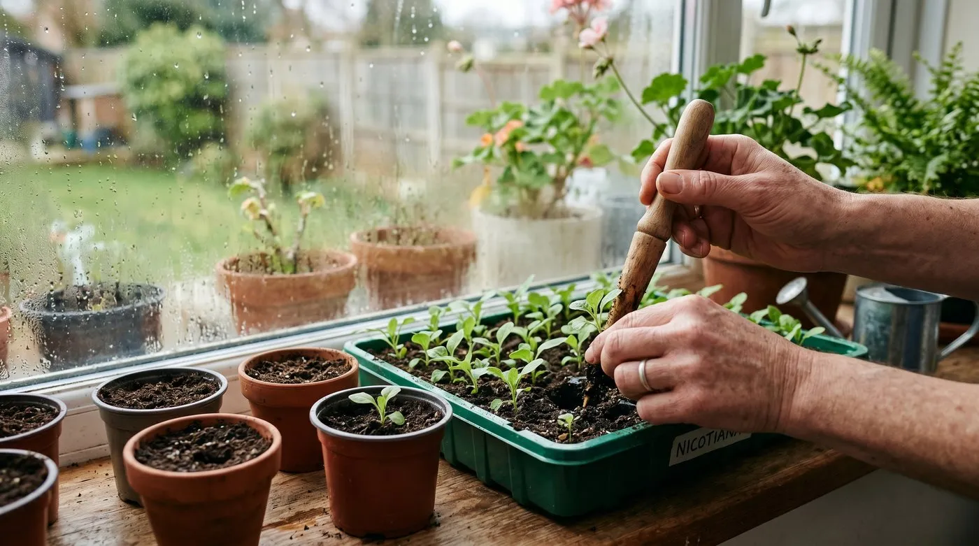 Young nicotiana seedlings being pricked out into pots on a bright windowsill