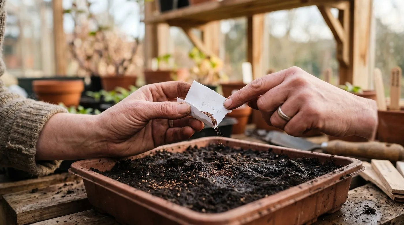 Hands surface-sowing fine nicotiana seed onto moist compost in a seed tray