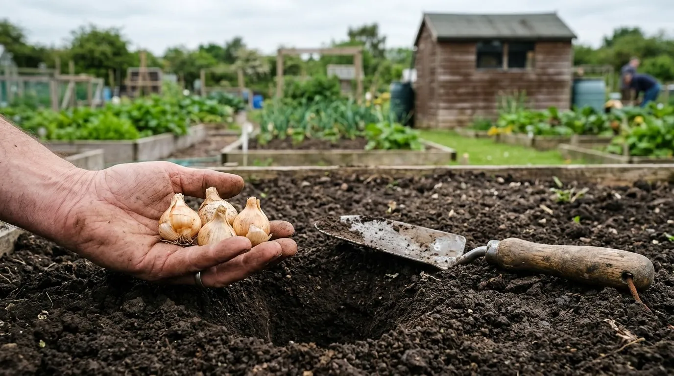 Hand holding ornithogalum bulbs beside an open planting hole showing the 10cm depth on an allotment