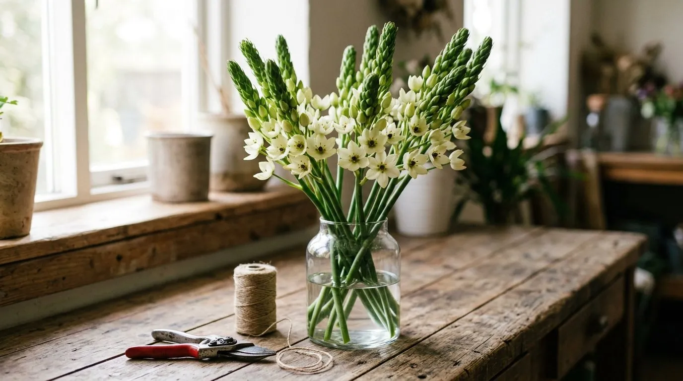 Cut chincherinchee stems standing in a glass vase on a rustic cut-flower bench, soft natural light