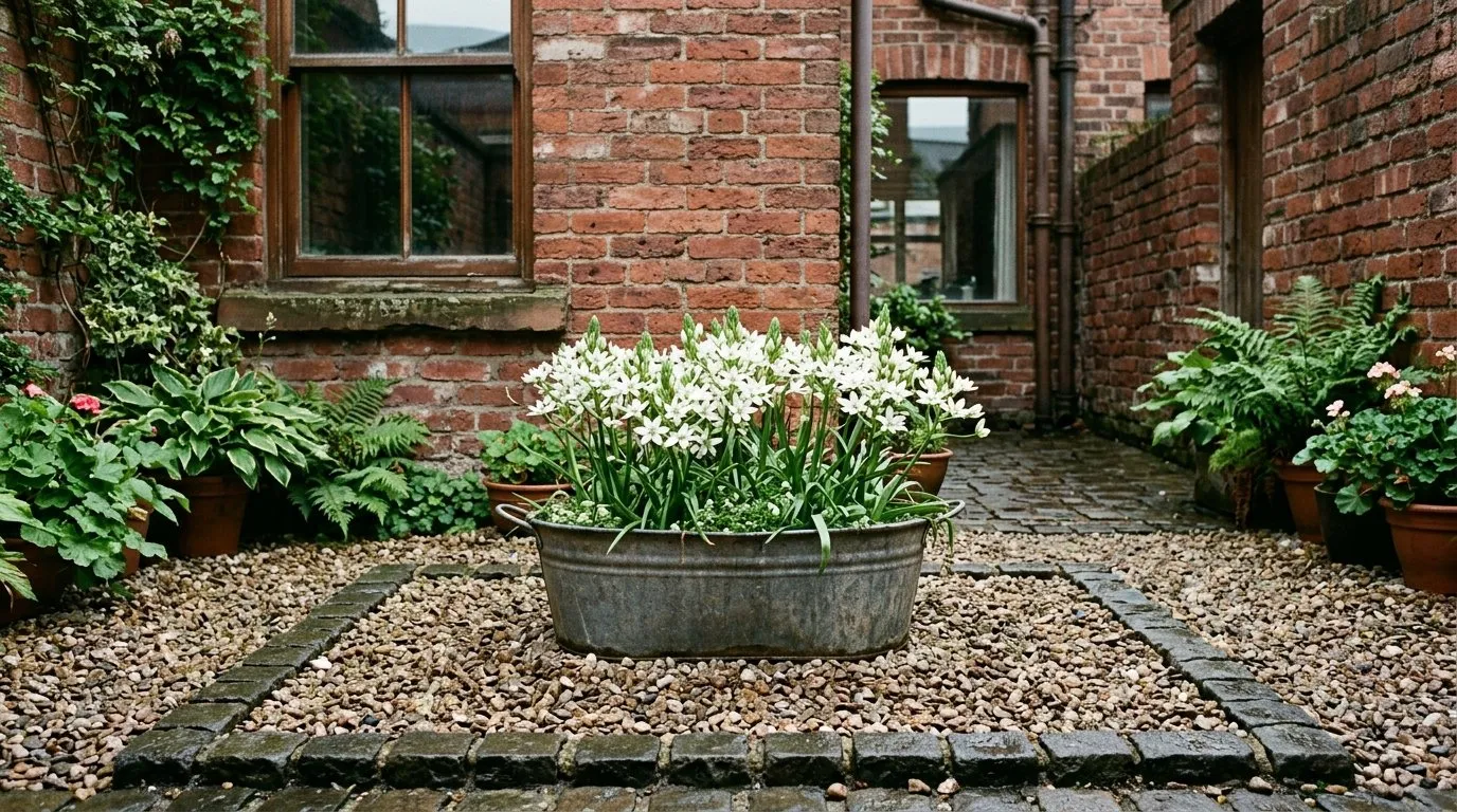 A contained gravel and trough planting of ornithogalum in a small Manchester city courtyard