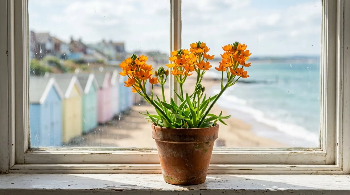 Pot of vivid orange Ornithogalum dubium flowering on a sunny seaside windowsill, shallow focus