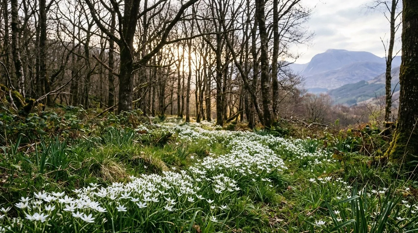 White ornithogalum naturalised in a drift under bare trees in a Scottish woodland garden, spring light