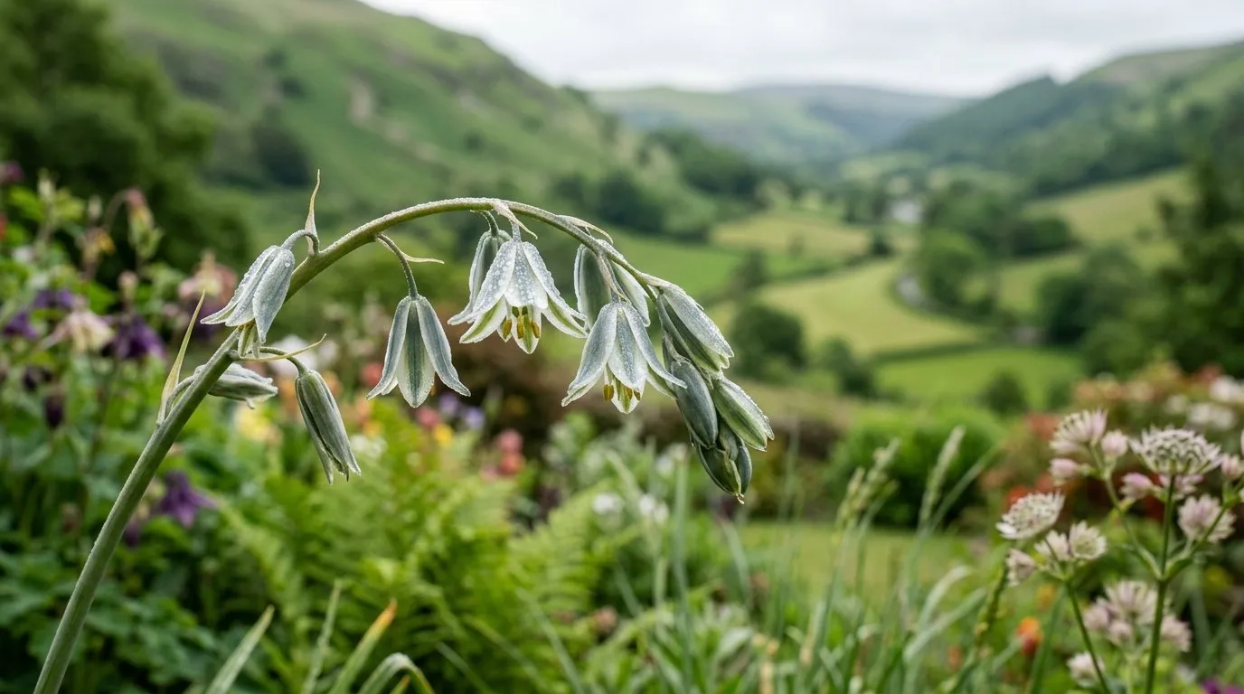 Macro shot of nodding grey-white Ornithogalum nutans bells in a Welsh valley garden border