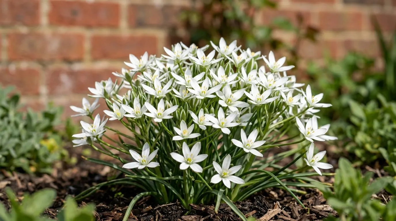 Close-up of a white Ornithogalum umbellatum flower cluster opening in spring sunlight on a suburban estate