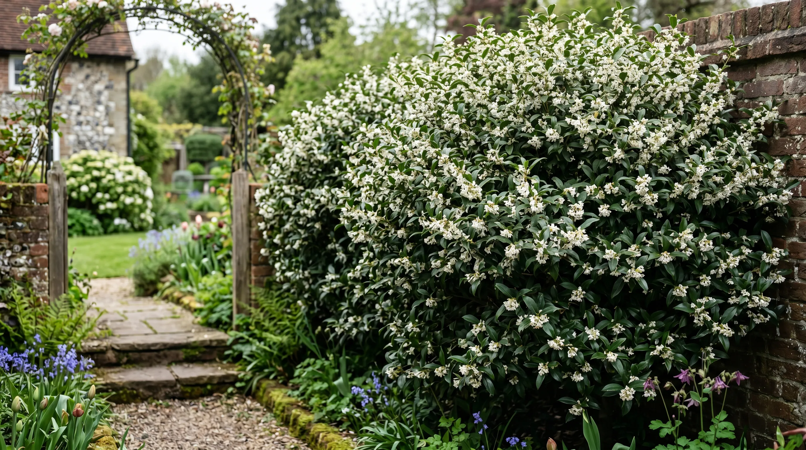 A UK garden showing a mature Osmanthus burkwoodii shrub in flower in late April with small white tubular flowers covering the dark glossy evergreen foliage