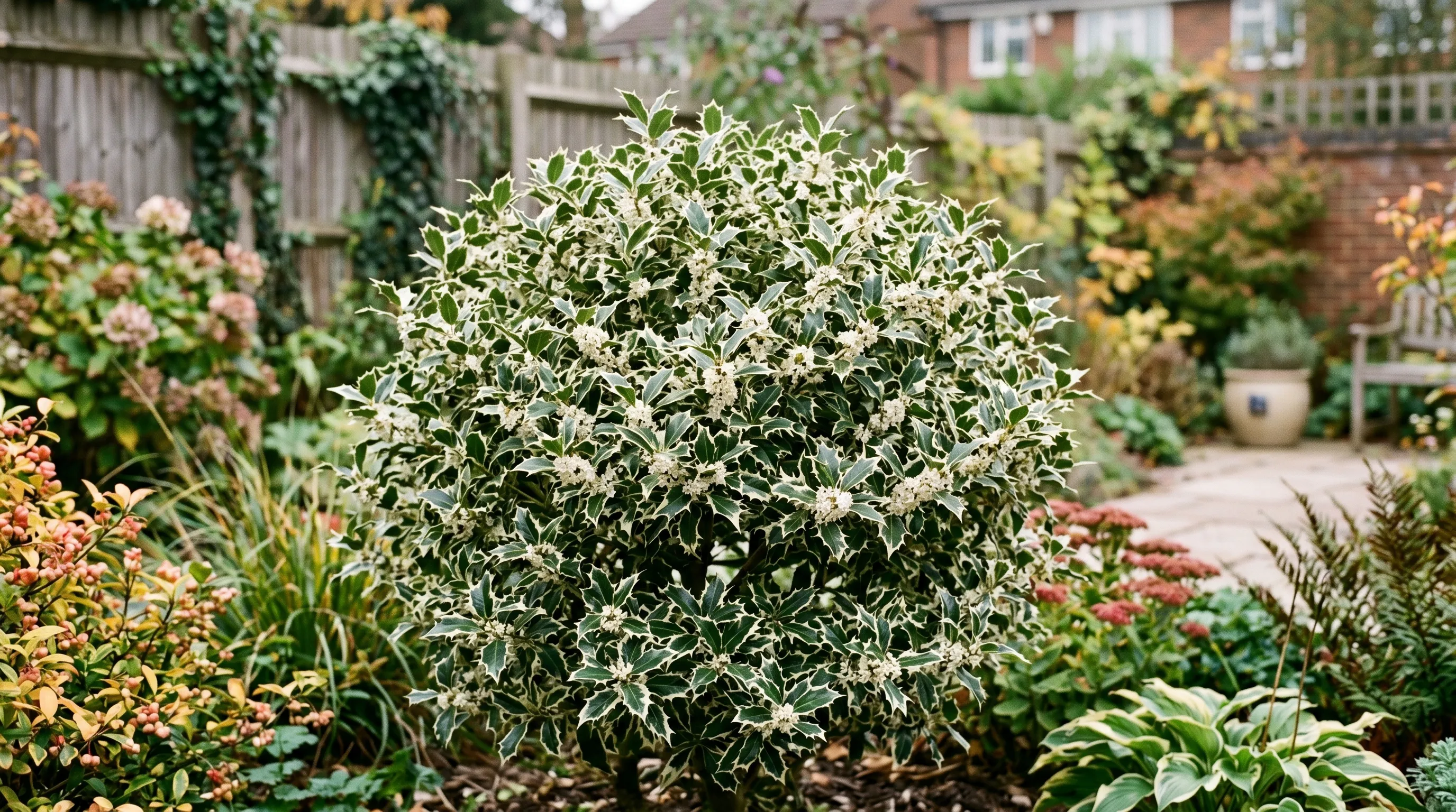 A UK back garden showing a mature Osmanthus heterophyllus shrub with variegated leaves in flower in October, the small white flowers contrasting with the holly-like spiky foliage