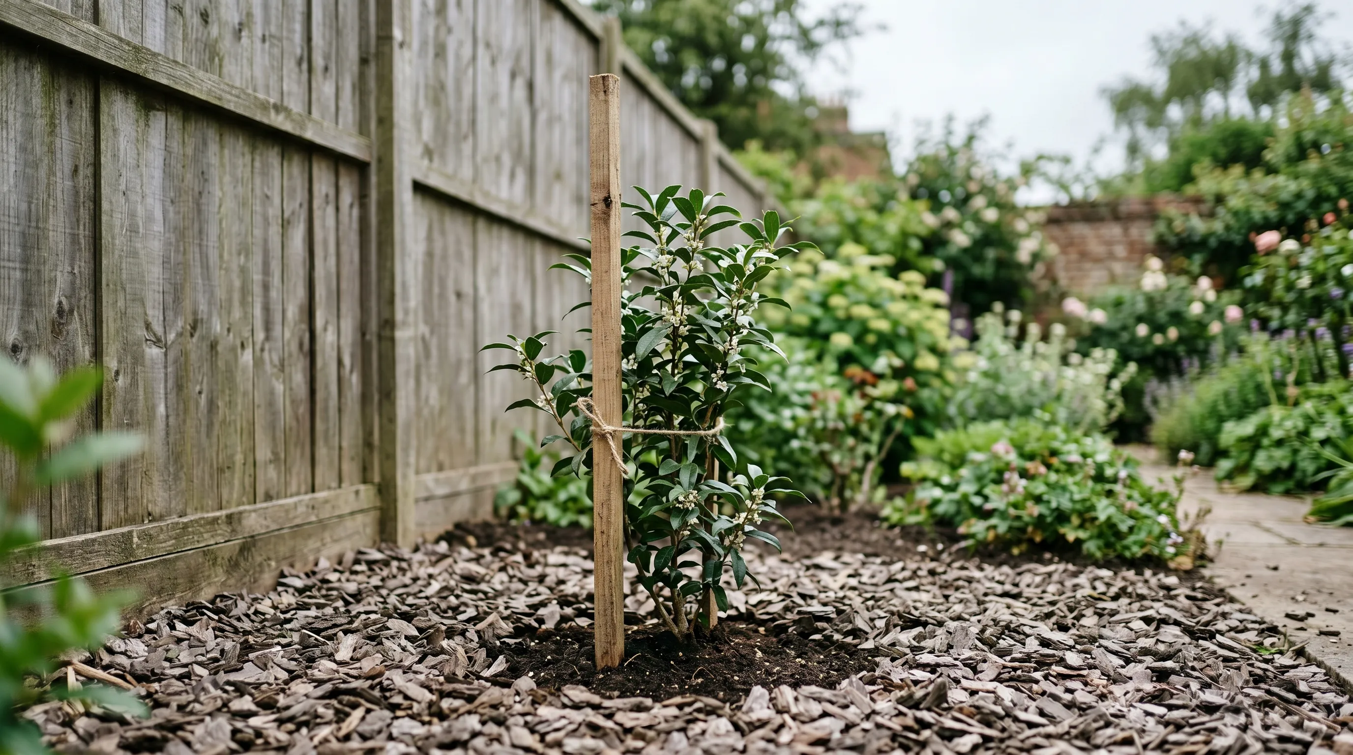 A UK garden showing a young Osmanthus shrub planted at the foot of a south-facing wooden fence, with a 50mm bark mulch around the base and a stake holding it upright in the first year