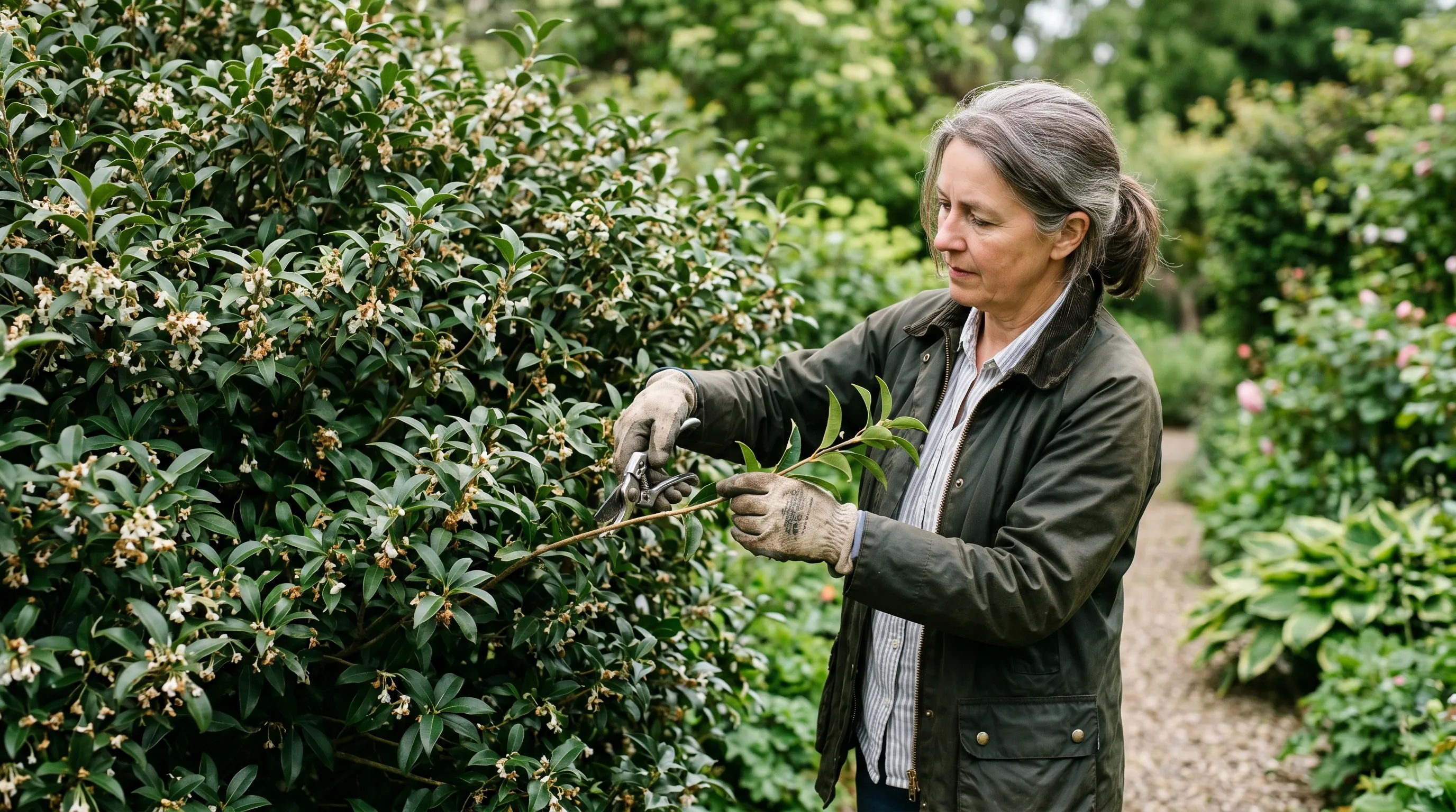 A UK gardener lightly pruning a mature Osmanthus burkwoodii shrub in May immediately after flowering, using bypass secateurs to trim a single overlong shoot to a healthy bud