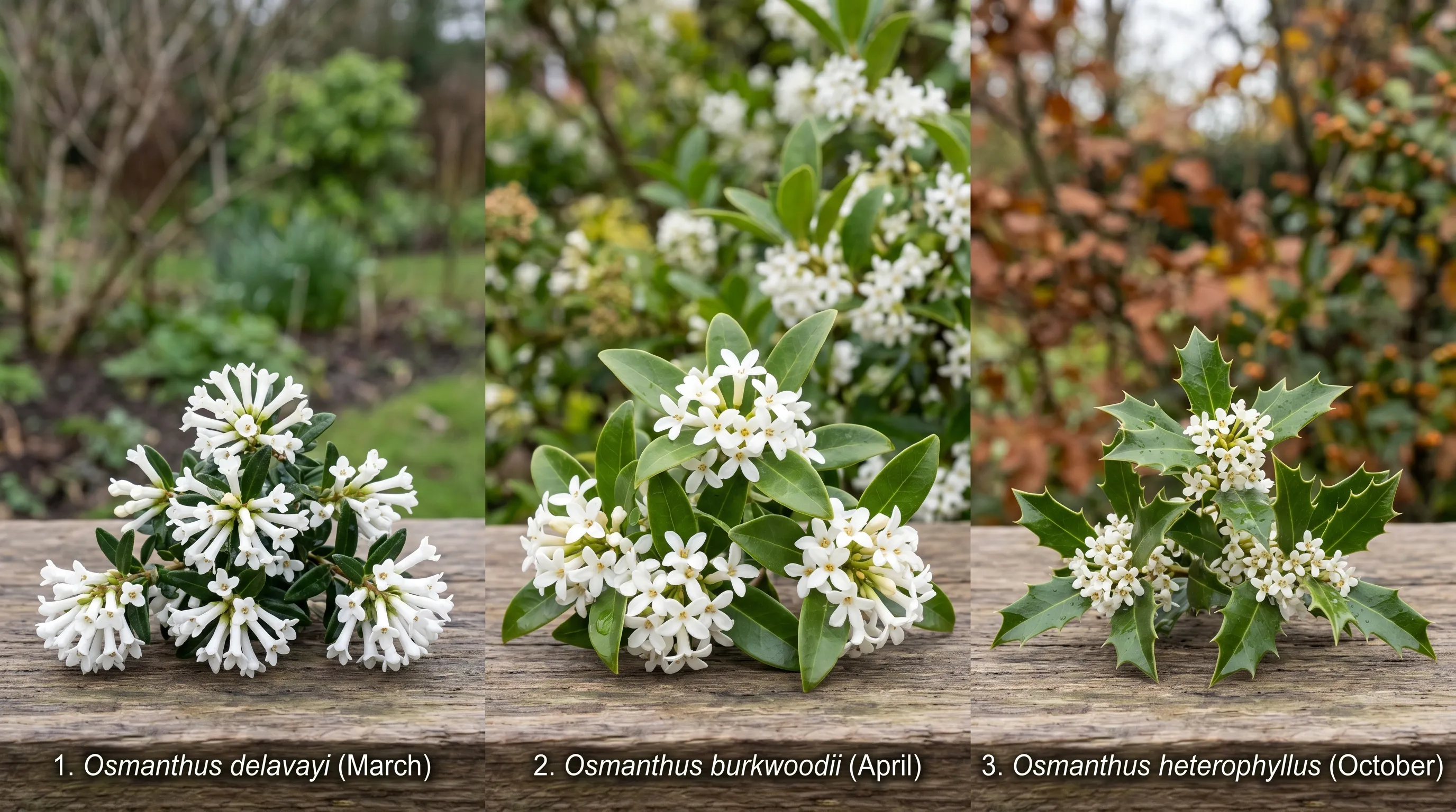 A close-up comparison of three Osmanthus flower clusters in UK gardens: O. burkwoodii white in April, O. delavayi white in March, O. heterophyllus white in October