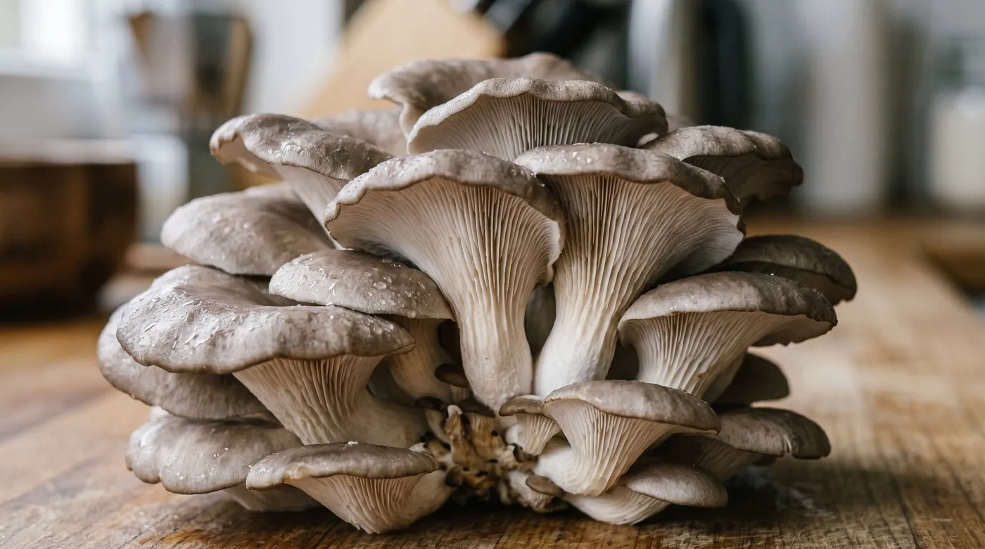 Close-up of a dense cluster of grey oyster mushrooms showing the white gills