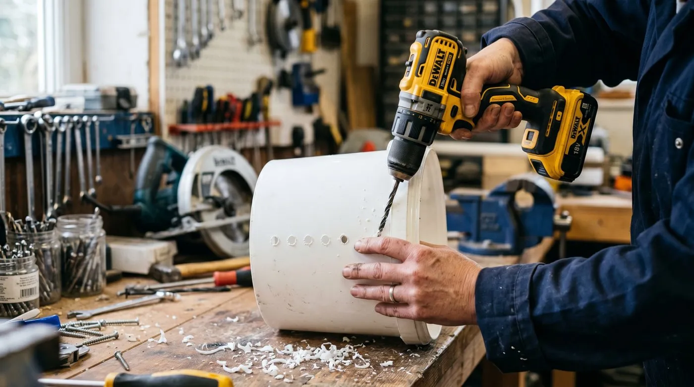 Hands drilling holes into the side of a white food-grade bucket for growing oyster mushrooms