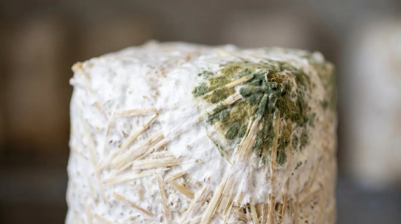 Green Trichoderma mould contaminating a pale mushroom substrate block as a warning of failure
