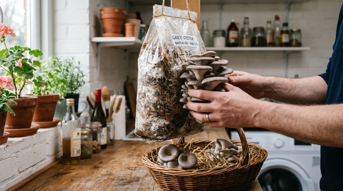 Hands harvesting a cluster of grey oyster mushrooms from a straw grow bag