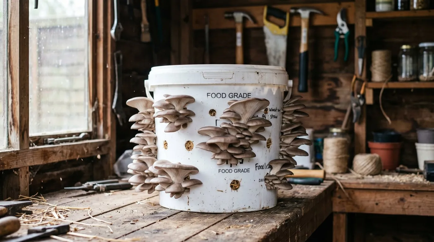 Grey oyster mushrooms fruiting from a drilled bucket of straw in a UK garden shed