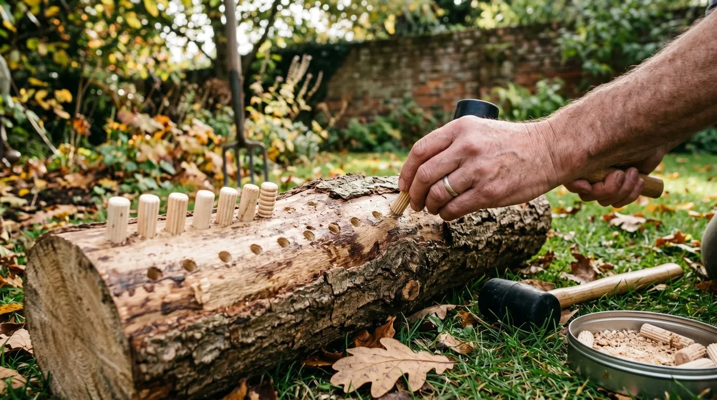 Hands hammering inoculated dowel plugs into a drilled hardwood log in a UK garden