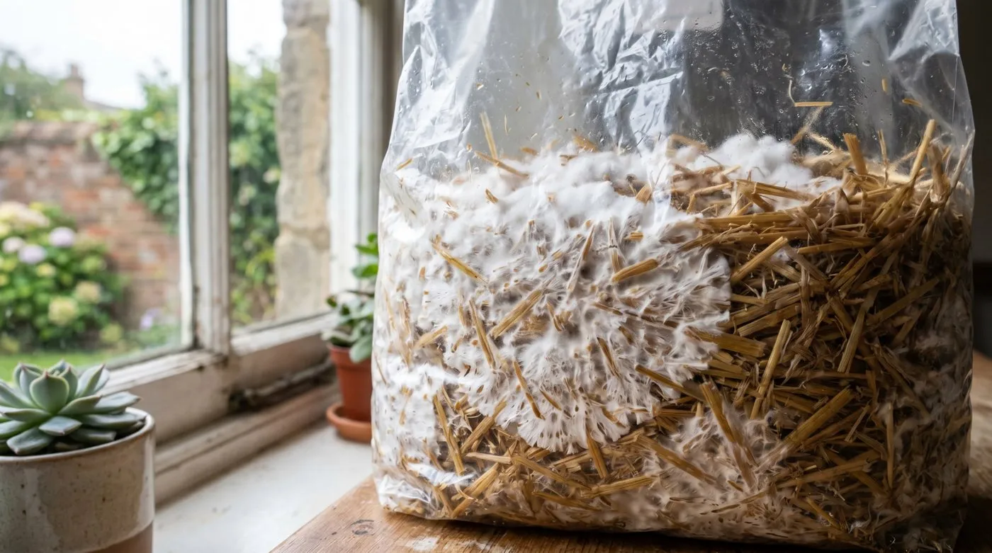 White oyster mushroom mycelium colonising pasteurised wheat straw inside a clear bag