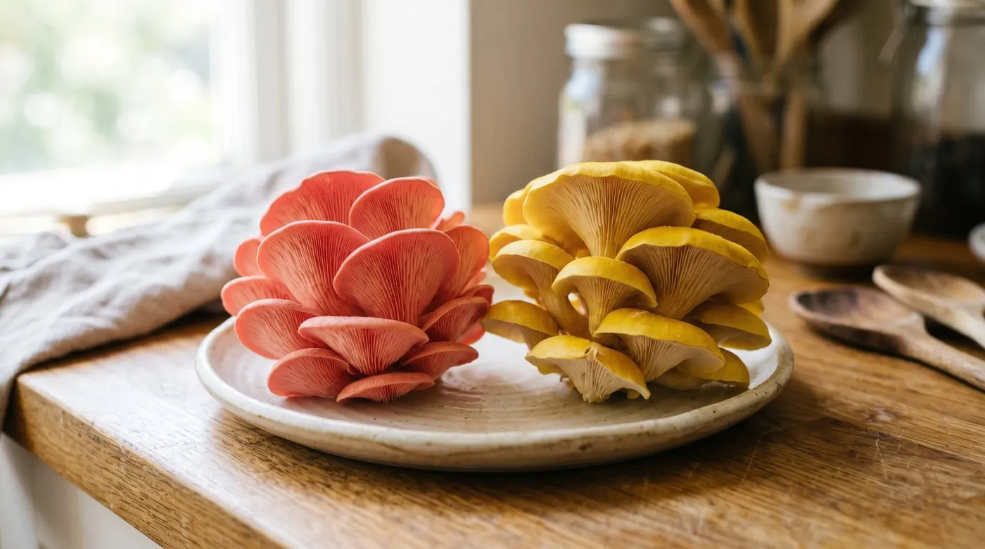 Bright pink Pleurotus djamor and golden yellow Pleurotus citrinopileatus oyster mushrooms on a plate