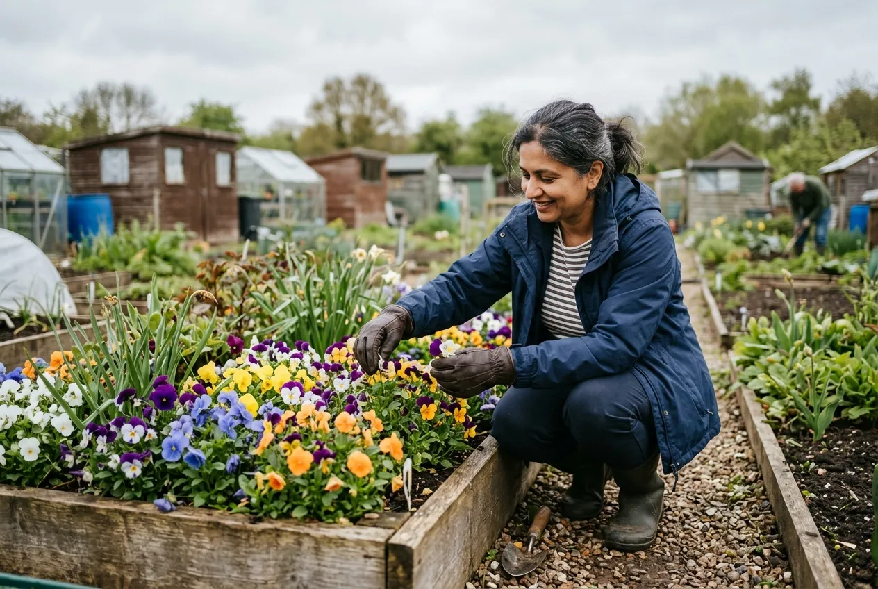 Indian British woman deadheading pansies in a raised bed in a UK allotment with mixed colourful pansy and viola blooms