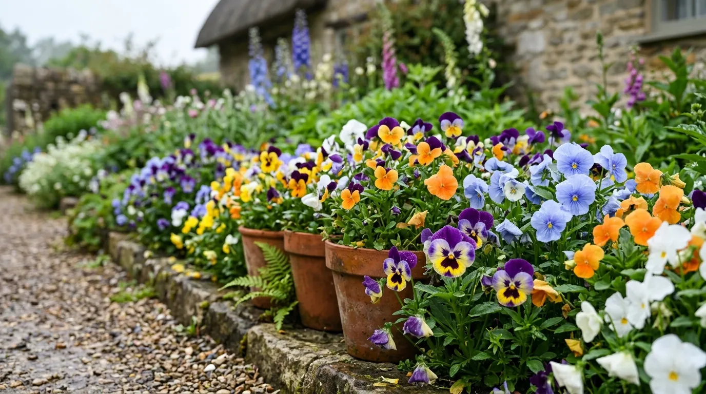 Colourful pansies and violas flowering in a UK cottage garden border with purple blue yellow and orange blooms