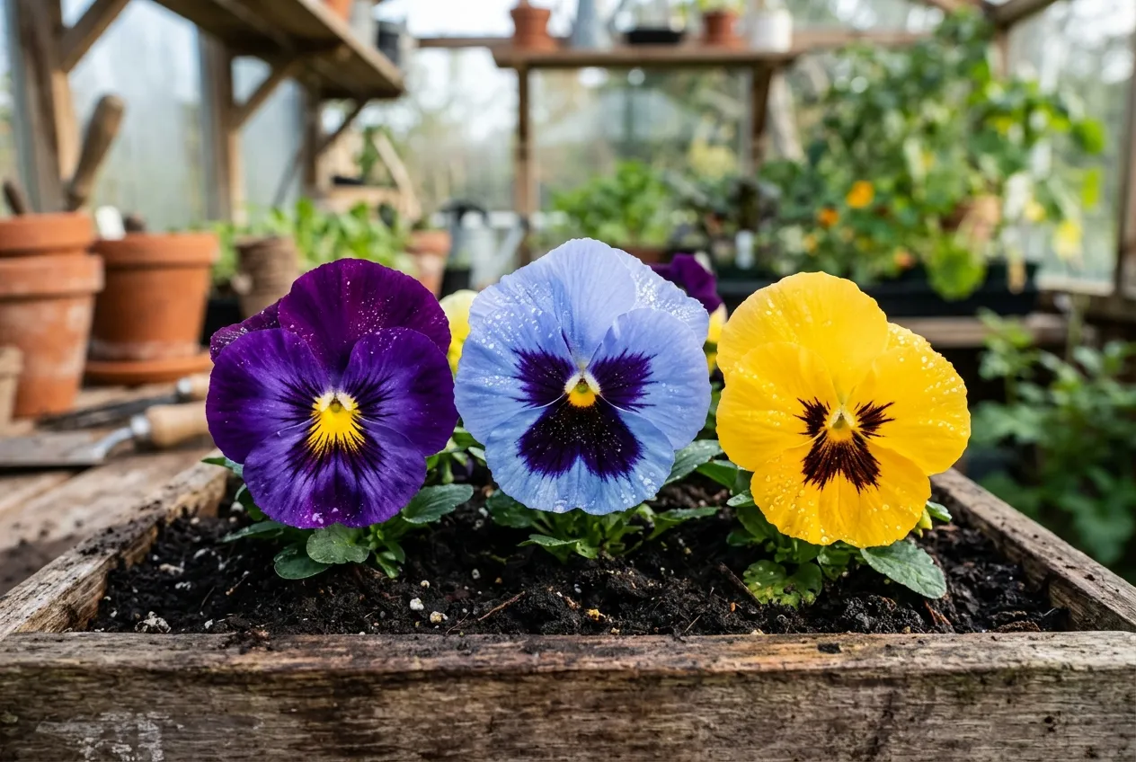 Pansy varieties showing face markings with purple yellow and blue blooms in a wooden seed tray on a potting bench