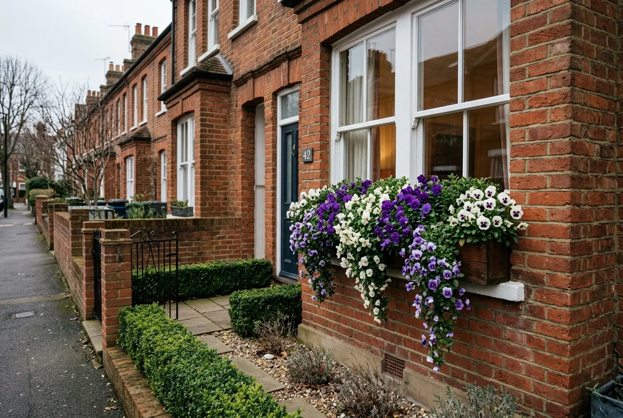 Violas planted in a window box on a brick UK terraced house with purple and white flowers trailing over the edge