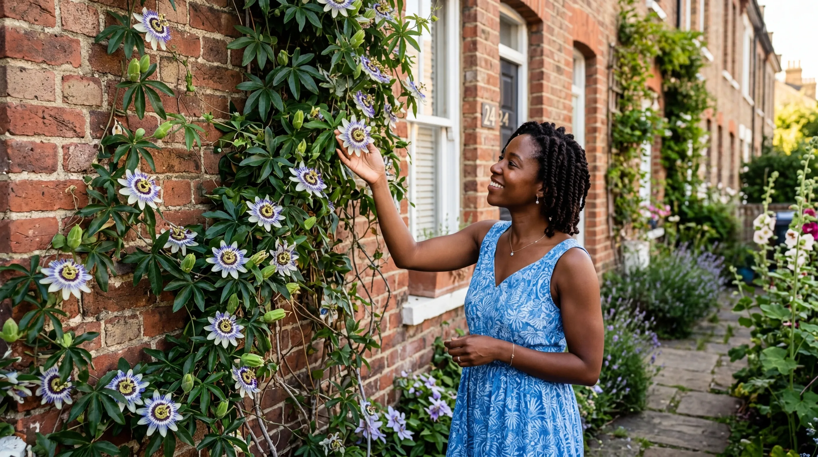 Passionflower Passiflora caerulea climbing a sunny brick wall with blue and white flowers in a UK garden