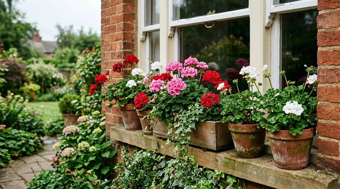 Pelargoniums flowering in terracotta pots and window boxes on a UK house windowsill