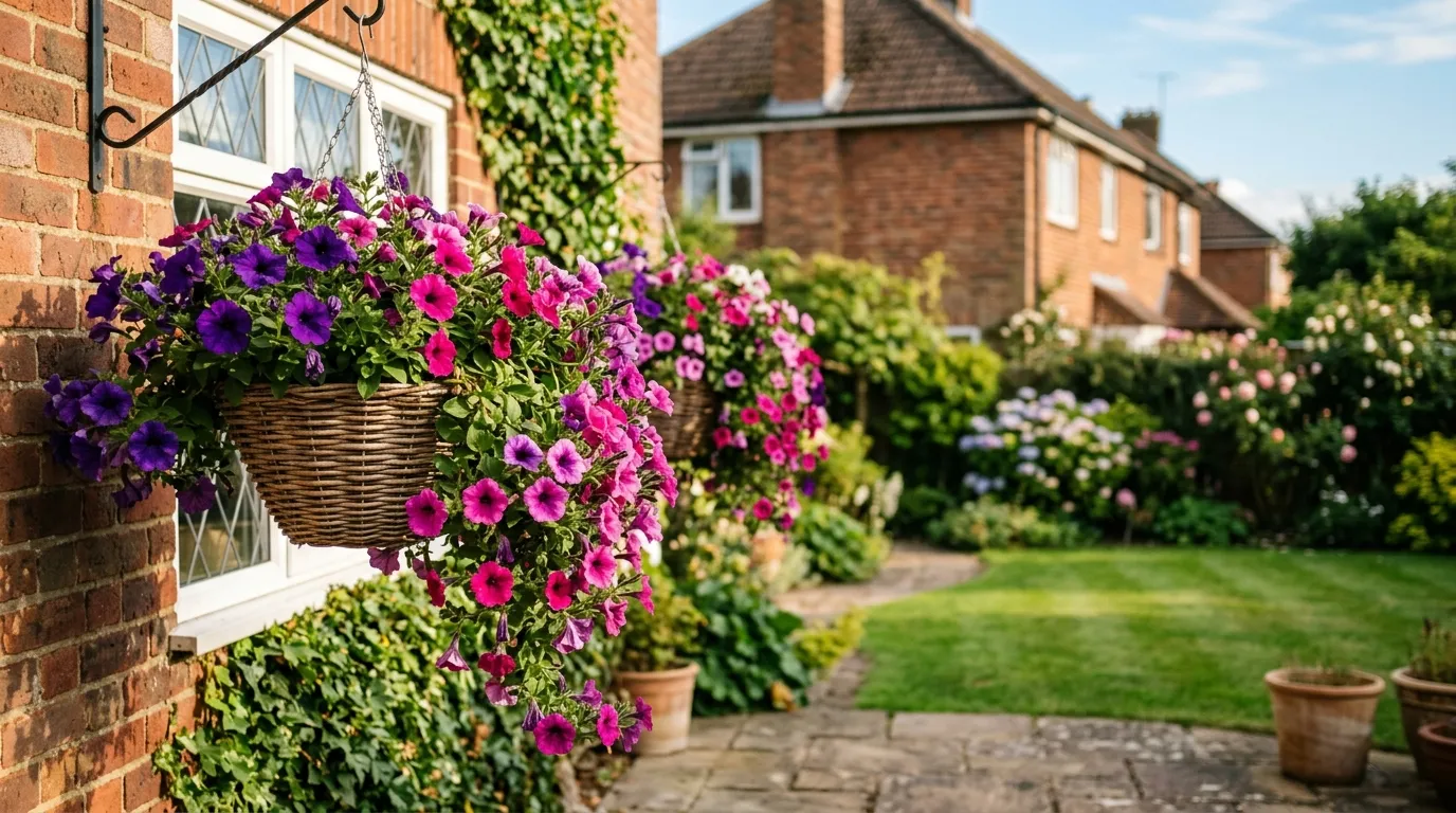Pink and purple petunias cascading from hanging baskets in a sunny UK garden patio