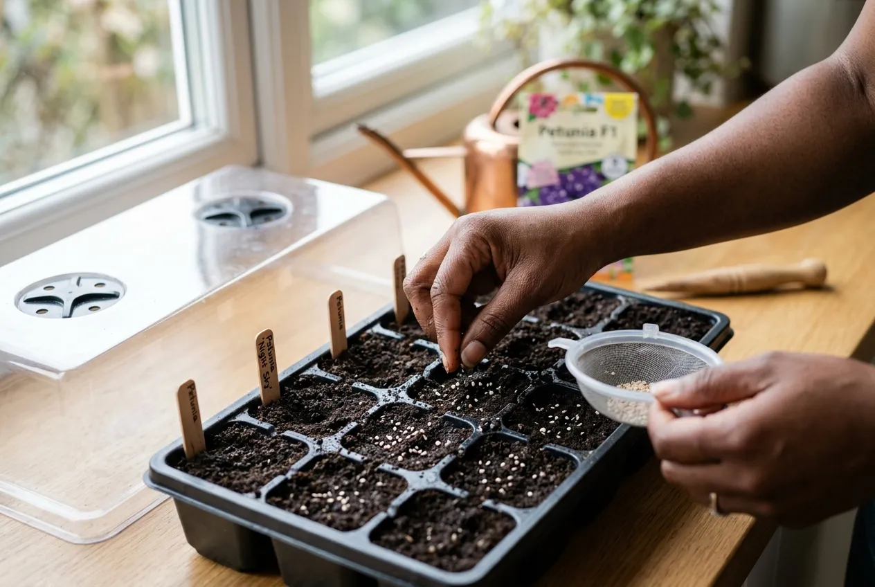 Hands sowing tiny petunia seeds into a seed tray filled with compost on a bright windowsill