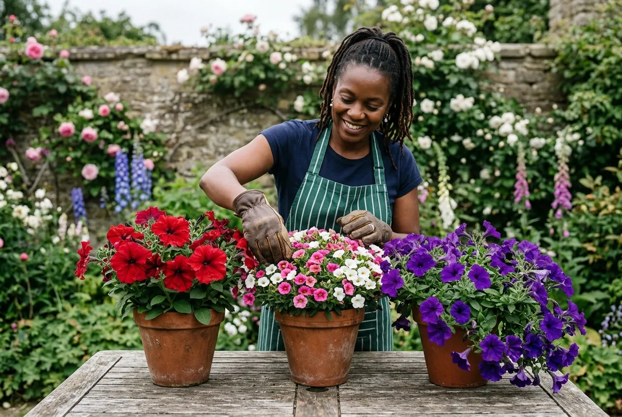 Three types of petunias compared in terracotta pots showing grandiflora, multiflora, and trailing varieties in a UK garden