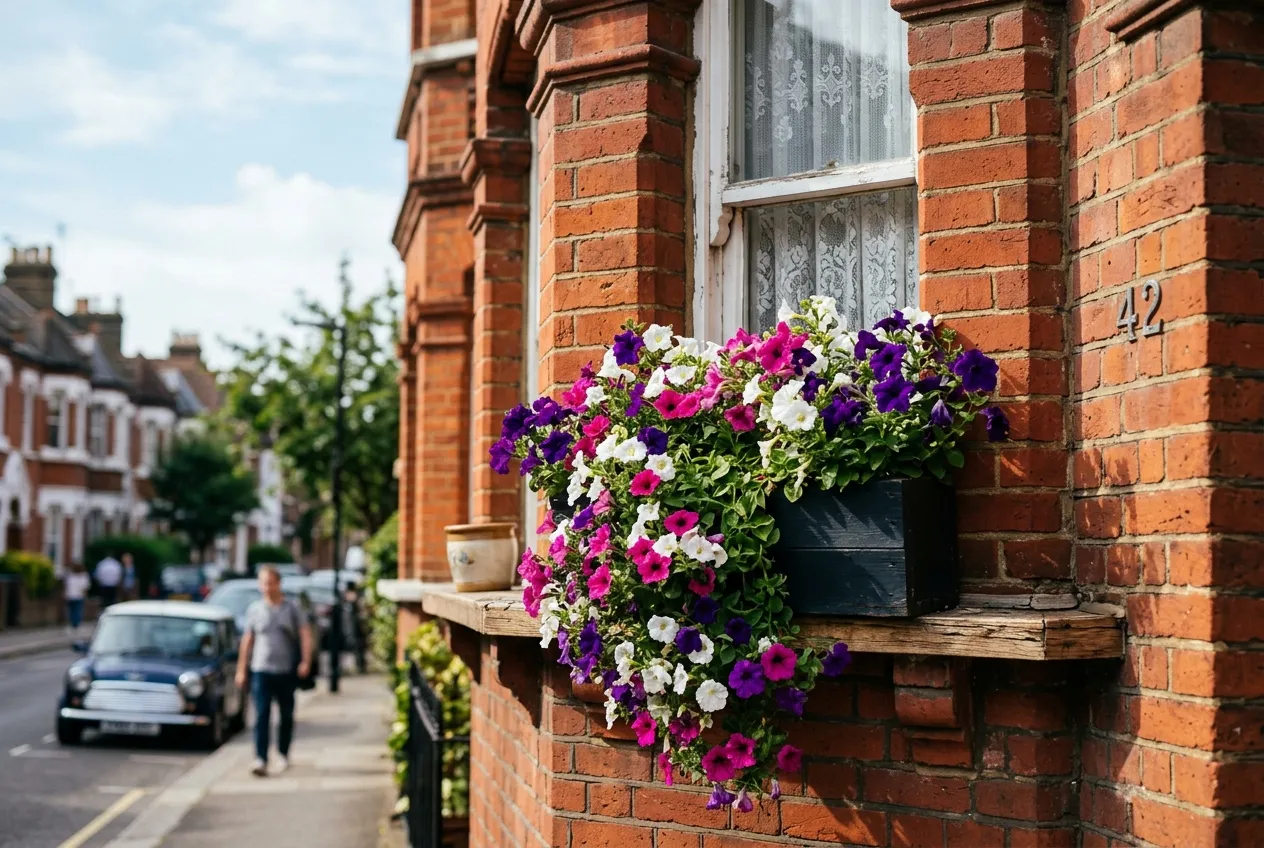 Trailing petunias in purple, pink, and white cascading from a window box on a Victorian brick terrace