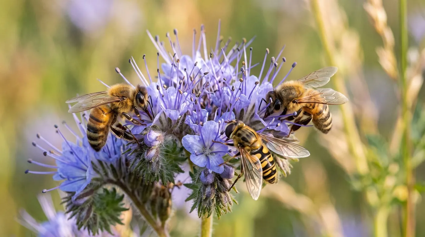 Honeybees and a hoverfly feeding together on lavender-blue phacelia flowers