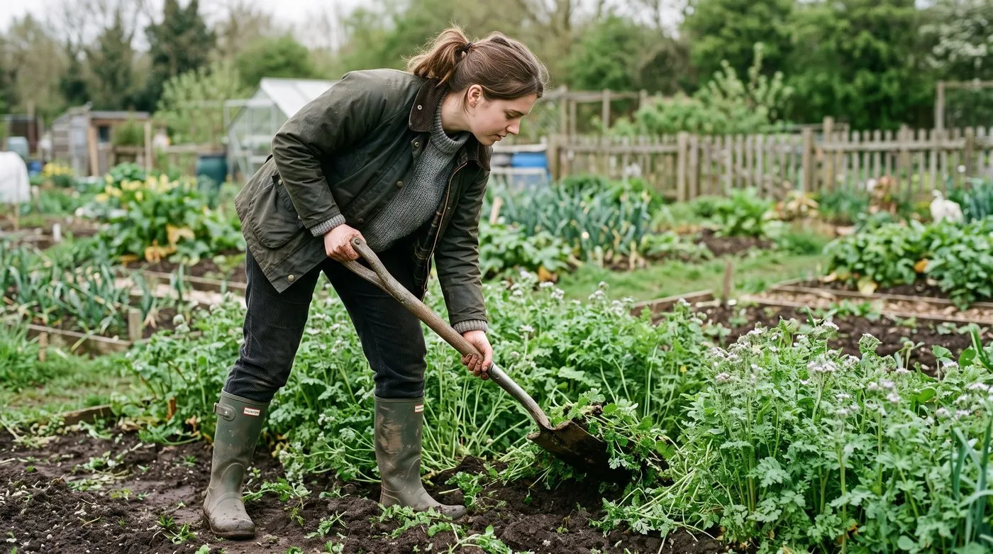 A person digging and chopping phacelia green manure into a vegetable bed with a spade