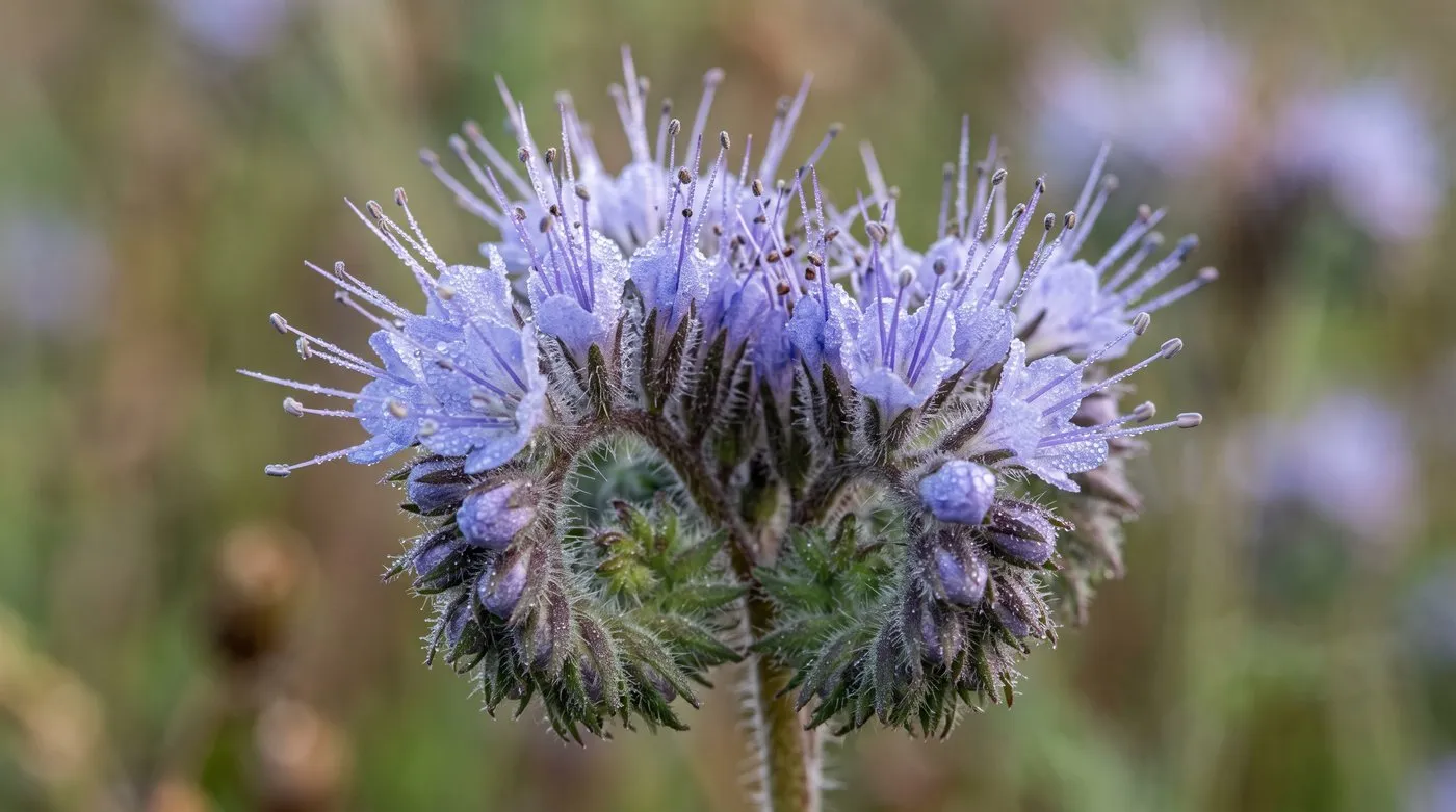 Close-up of the coiled phacelia flower head with long protruding stamens