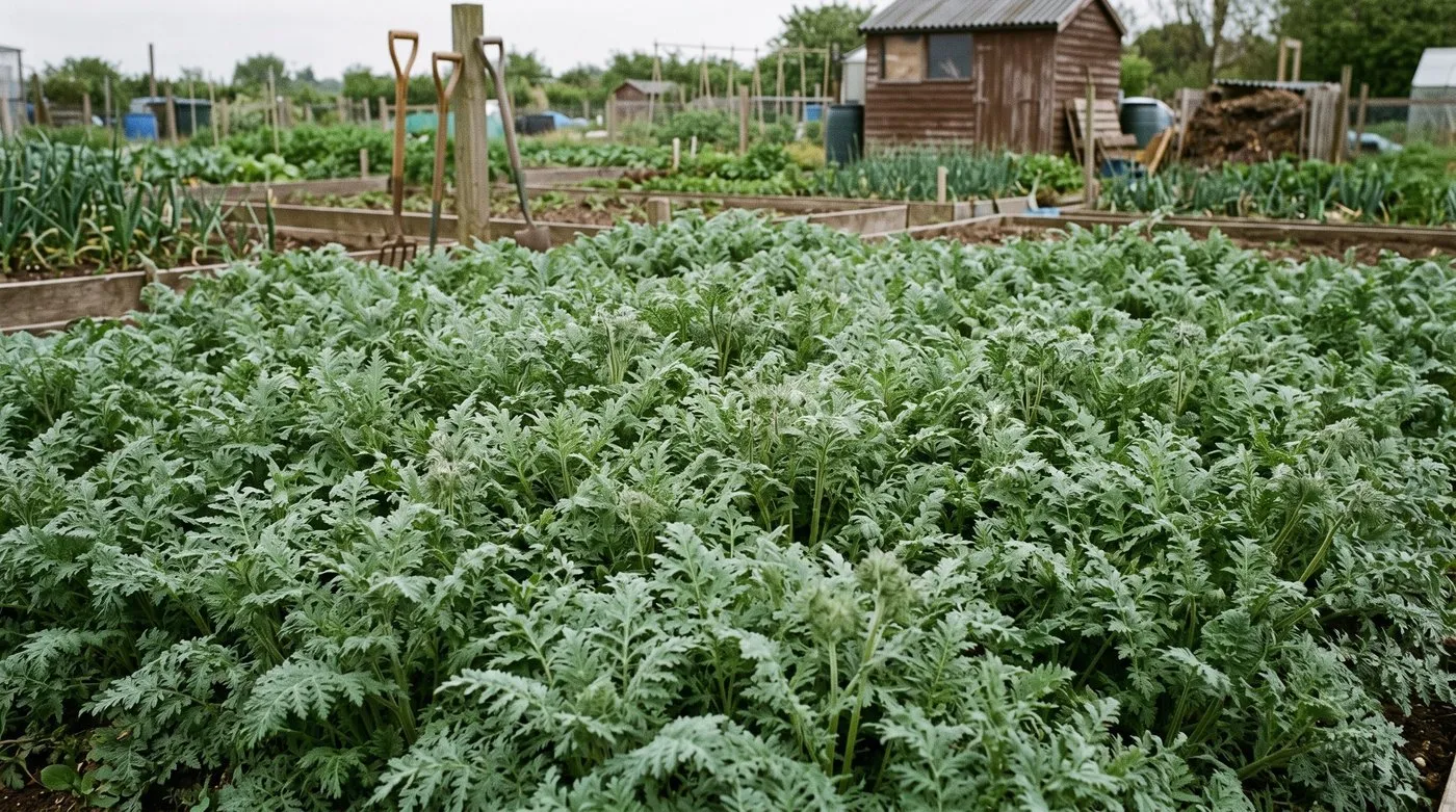 Dense ferny grey-green phacelia foliage covering a bare vegetable bed before flowering